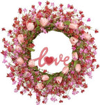 LLZLL Valentines Day Wreath Decor, 22inch Artificial Pink Wreath with Tulip Berry Green Leaf Element, Valentines Wreaths for Front Door Wedding Anniversary Party Candlelight Dinner Decorations by LLZLL
