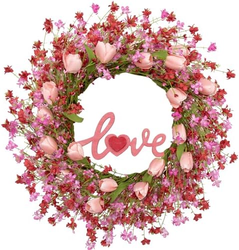 LLZLL Valentines Day Wreath Decor, 22inch Artificial Pink Wreath with Tulip Berry Green Leaf Element, Valentines Wreaths for Front Door Wedding Anniversary Party Candlelight Dinner Decorations by LLZLL