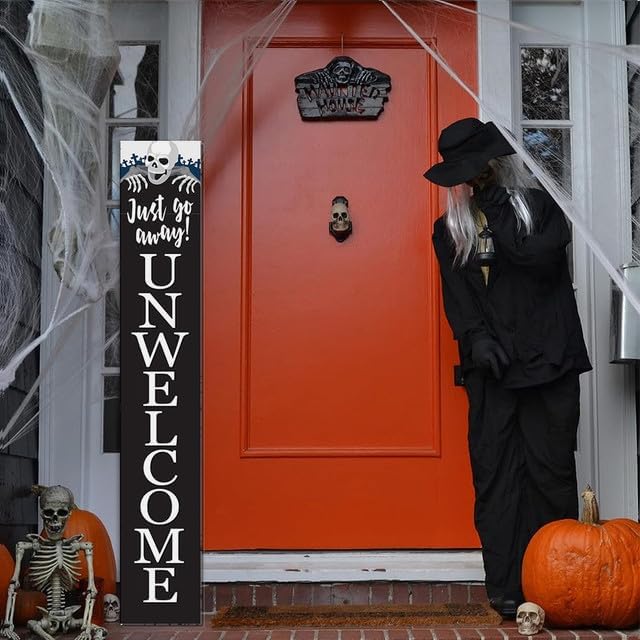 Halloween Unwelcome Sign For Front Porch Scary Wooden Vertical Go Away Sign Standing For Patio Front Door Porch Celebrate Holiday Home Party Wall Home Decor 48"×8" - Image 5