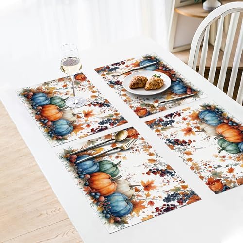 Fall Pumpkin Placemats Set of 6, 12x18 Inch Autmun Maple Leaf Table Place Mat Farmhouse Seasonal Washable Non-Slip Heat Resistant Fabric Placement Mats for Party Dining Kitchen Indoor Outdoor Decor - Image 3