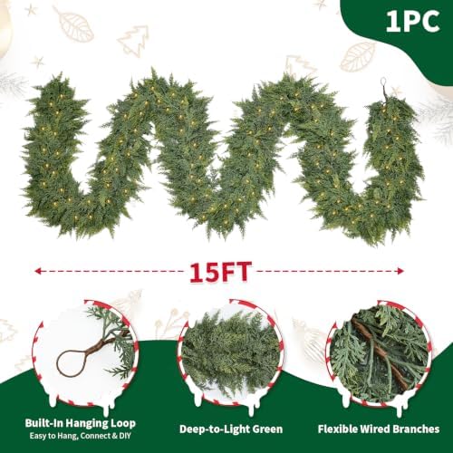 15FT Real Touch Christmas Cedar Garland with Lights, Extra Full Greenery Garland with 2000 Cypress Pine, Artificial Green Garland for Mantle Fireplace Table Stairs Door Porch, Indoor Outdoor Decor - Image 2