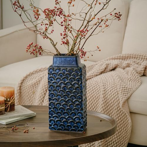 Ceramic Flower Vase, 12.6” Tall Vintage Blue Pottery Vase for Home Decor, Rustic Textured Vase for Pampas Grass, Living Room, Entryway, Mantel, Kitchen Table - Image 6