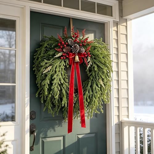 24 Inch Christmas Wreath for Front Door - Artificial Cedar Winter Wreath with Red Velvet Bow, Golden Bell, Pinecones & Red Berries, Farmhouse Holiday Wreath for Indoor Outdoor Christmas Decorations - Image 2