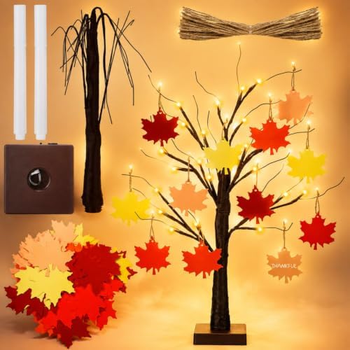Briwooody 24'' Lighted Thanksgiving Gratitude Tree Kit, Brown Thanful Tree with 60 Leaves, Hemp Ropes & Pens, DIY Fall Decoration for Autumn Table Centerpiece Thanksgiving Gift (Battery Not Included) by Briwooody
