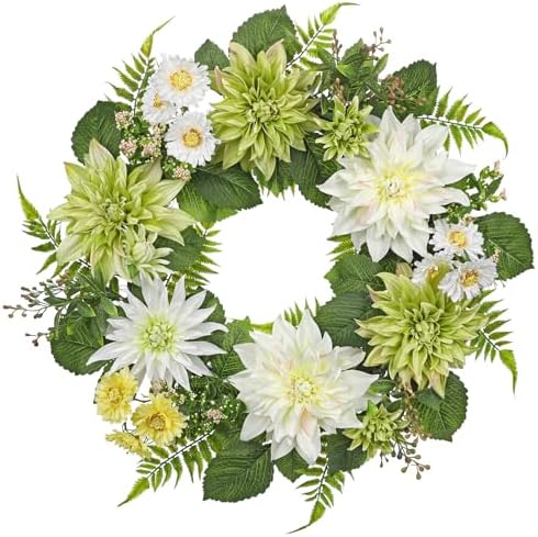 Briful 24'' Artificial Dahlia Flower Wreath for Front Door Large Silk Dahlia Daisy Floral Wreath Fake Hanging Greenery Wreaths for Spring Summer Home Wall Window Mantle Outdoor Porch Décor by Briful