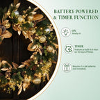 Hykolity 24 Inch Pre-Lit Botanical Christmas Wreath with 30 Warm White LEDs and Timer, Battery Operated Artificial PE & PVC Wreath with Ornaments, Pinecones and Layered Gold Leaves for Front Door - Image 6