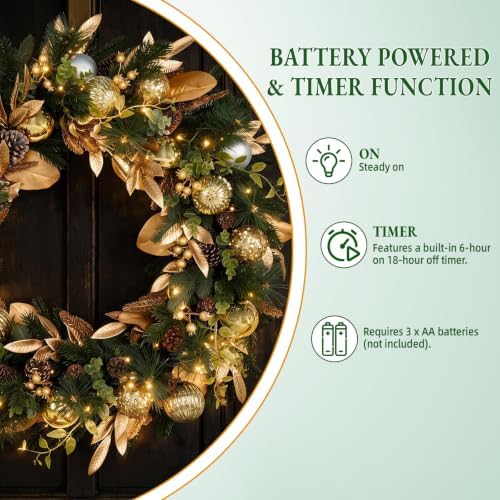 Hykolity 24 Inch Pre-Lit Botanical Christmas Wreath with 30 Warm White LEDs and Timer, Battery Operated Artificial PE & PVC Wreath with Ornaments, Pinecones and Layered Gold Leaves for Front Door - Image 6