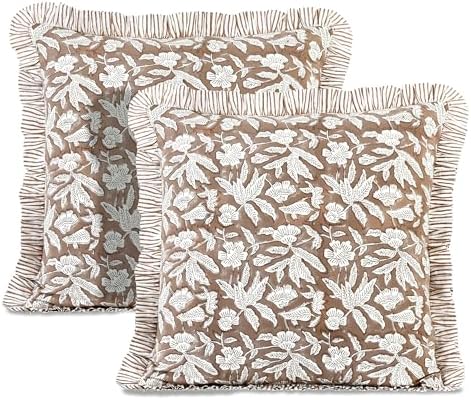 Ridhi Oak Brown Floral Block Print Throw Pillow Covers 20x20 Inch by Ridhi