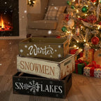 3 Pcs Christmas Wooden Crate Beige Snowman Snowflakes Holiday Box - Image 5