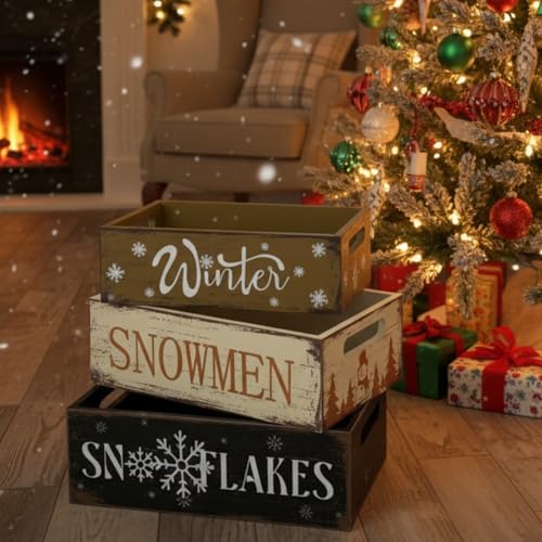 3 Pcs Christmas Wooden Crate Beige Snowman Snowflakes Holiday Box - Image 5