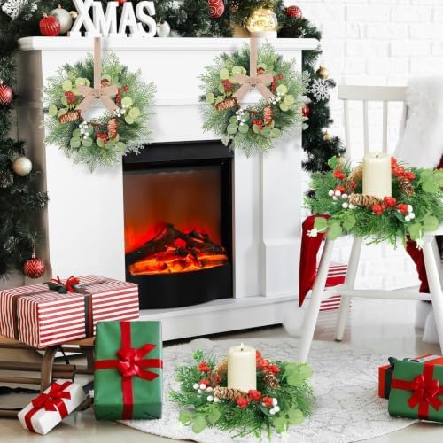 6 PCS Christmas Mini Cabinet Wreath for Kitchen with Ribbon Artificial Eucalyptus Cedar Hanging Garland with Red Berries Pine Cones for Swag Table Centerpiece Door Window Chair Wall Winter Decor - Image 5