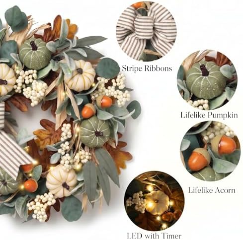 Valery Madelyn 20'' Fall Wreaths for Front Door with LED Lights - Image 6