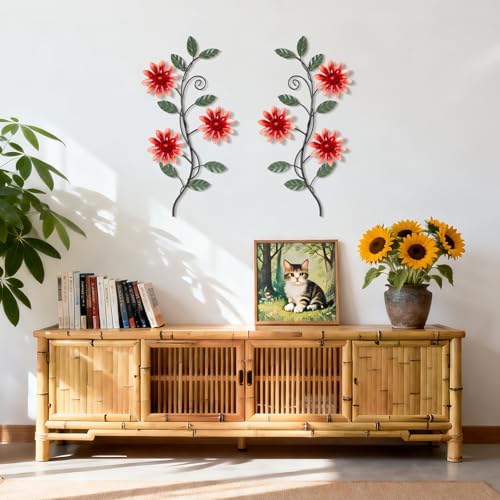 KHJCXS 2 Pieces Metal Flower Leaf Wall Art, 15.1"×7.3" Modern Rustic Iron Artwork Hanging Decor for Home Bedroom Living Room Dining Room Kitchen Hallway Office (Red) - Image 5
