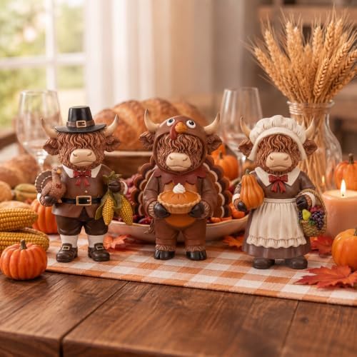 Simgoing 3 Pcs Fall Highland Cow Figurines Pilgrim and Turkey Cow Decor - Image 4
