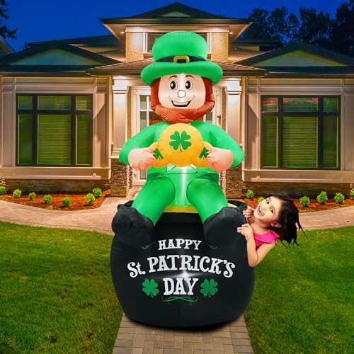 6FT Tall St. Patricks Day Inflatables Leprechaun Holding Lucky Shamrock Sitting on the Pot of Gold Built-in LED Lights for St. Patricks Day Decorations Outdoor - Image 6