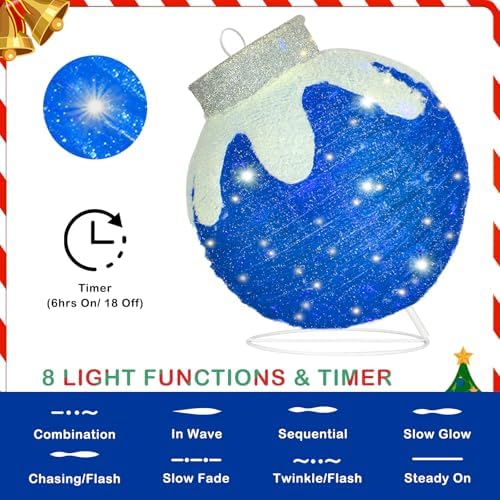 Outdoor Christmas Ornaments, Lighted Pop-Up Holiday Ball Decoration with 80 LED Lights, 8 Light Functions, Lighted Collapsible Christmas Outdoor Decorations for Yard, Patio, Home - Image 3