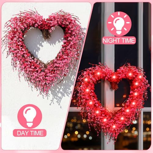 Suncalla 14'' Heart Wreath Lighted Valentine's Day Decoration with 20 Pink LED Lights and Timer Suitable for Valentine's Day Gifts Anniversaries Weddings Wall Window and Other Romantic Decorations - Image 3