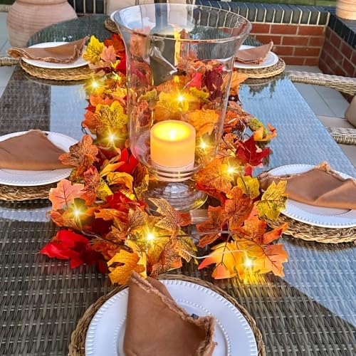 CQURE 7 Pack Fall Leaf Garland with Lights, Fall Vines Autumn Garland LED Lights Artificial Maple Fall Leaves Thanksgiving Decor for Home Wedding Fireplace Party - Image 2