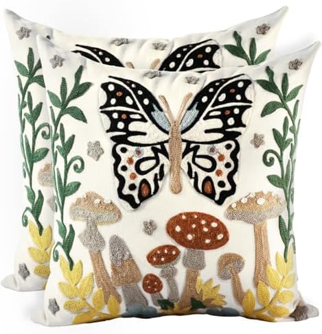 Embroidered Throw Pillow Covers 18x18 Inch - Set of 2 Summer Decorative Pillow Covers with Zipper Aesthetic Cute Design Throw Pillowcases for Couch Sofa Bed, Butterfly Moon by Kokaaee