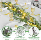 YoleShy 9 FT Real Touch Norfolk Pine Garland Flocked Christmas Garland with Lights Pinecone and White Snow Battery Operated Prelit Garland Christmas Decorations for Mantle Fireplace Xmas Home Decor - Image 3