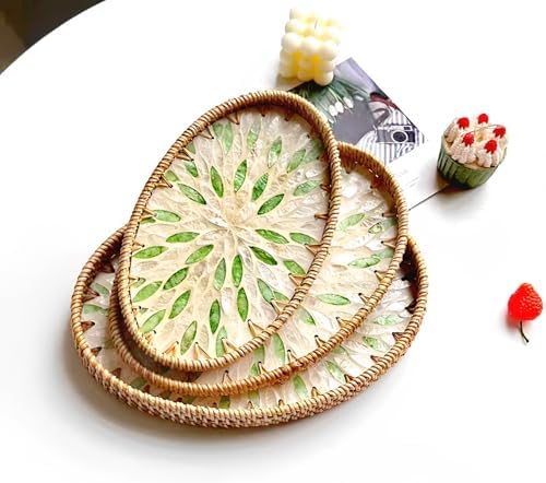 i-lan Set of 3 Green Mother of Pearl Inlay Rattan Trays - Oval Handwoven Decorative Nesting Trays for Coffee Table & Ottoman - 13/12/11 Inch Emerald Green Woven Platters for Boho Home Decor & Wall Art - Image 7