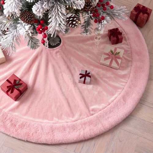 Skylety 48" Velvet Christmas Tree Skirt with Faux Fur Trim,Pink - Image 6