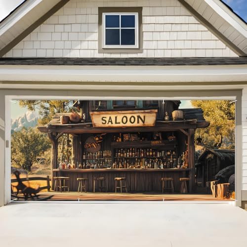 ANNA QUEEN Saloon Garage Door Banner 6x13FT, Western Bar Garage Door Cover with Rustic Outdoor “SALOON” Sign, Large Cowboy Theme Decoration Backdrop for Garage Doors, Backyard Parties, Fence & Barn by ANNAQUEEN