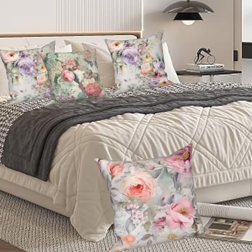 Colorful Floral Throw Pillow Covers 26''x26'' Set of 4, Vintage Flowers Pillow Cases Decorative Spring Roses Cushion Covers for Couch Sofa Bedroom Farmhouse Livingroom Garden Patio Car - Image 7