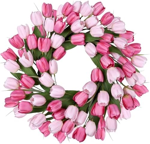 24 Inch Tulip Summer Wreath for Front Door Spring Silk Wreath with Green Leaves Artificial Tulip Flower Wreaths for All Seasons Farmhouse Porch Wall Living Room Home Widding Decor by MDSTBN