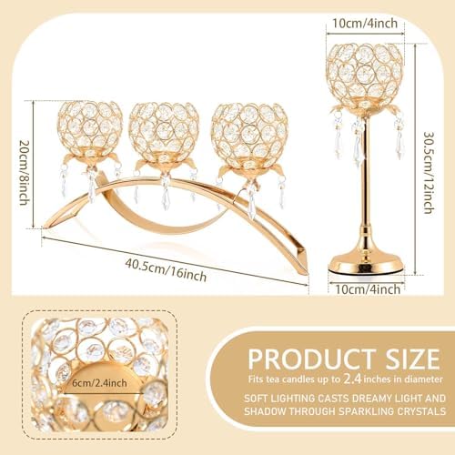 Set of 3 Gold Crystal Tea Light Candlestick Holders Flower Shape with Crystal Pendant Bowl Votive Metal Candle Holder for Table Centerpieces Wedding Home Decor (Set of 3, Gold) - Image 2