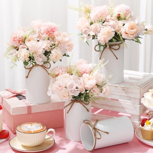 Domensi 6 Sets Wedding Centerpiece for Table Decoration Light Pink Artificial Fake Rose Flower with Metal Vase Faux Silk Rose Bouquet Floral Arrangement for Bridal Shower Home Dining - Image 2