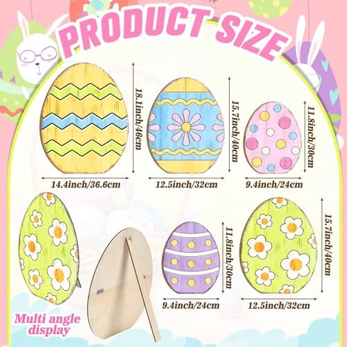 Yuntau 5 Pcs Easter Wooden Porch Sign Large Easter Egg Standing Porch Sign Decoration Farmhouse Rustic Outside Decorations for Outdoor Party Lawn Garden Yard Entryway - Image 2