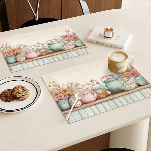 Flower Spring Placemats Set of 6, 12x18 Inch Floral Summer Table Place Mat Washable Non-Slip Heat Resistant Fabric Placement Mats for Party Dining Kitchen Indoor Outdoor Decor - Image 2