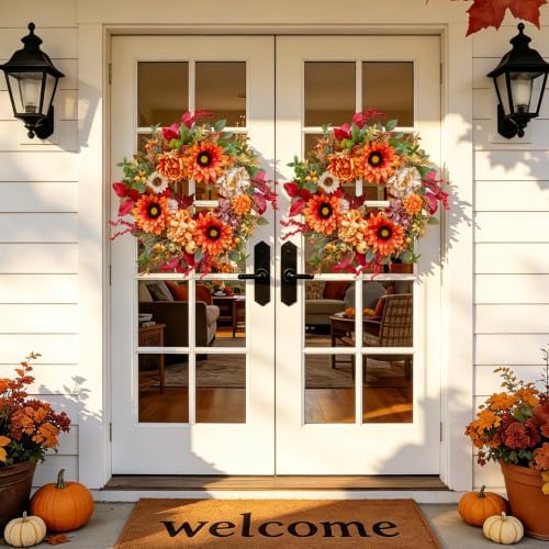 24 Inch Harvest Fall Wreaths for Front Door with Sunflower,Peony,Hydrangeas - Image 2