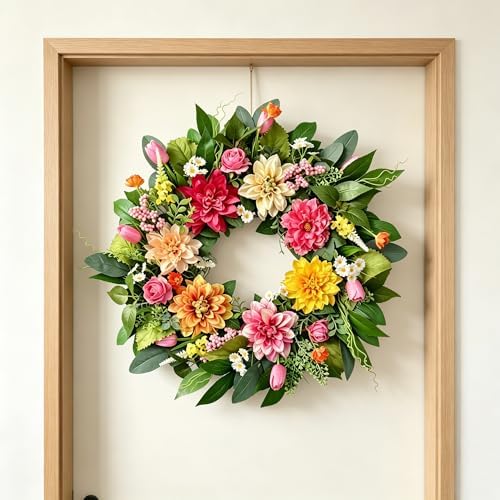 24 Inch Spring Summer Wreath for Front Door - Artificial Floral Wreath with Roses, Dahlia and Tulip Flowers and Green Leaves, Farmhouse All Season Home Decor for Indoor Outdoor Wall Porch - Image 4
