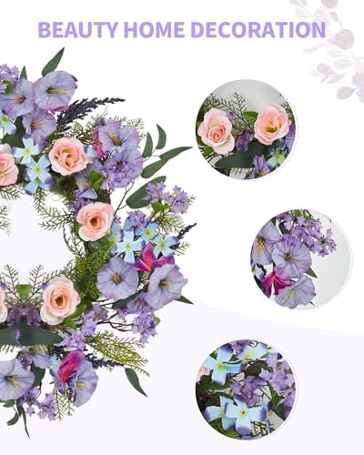 20 Inch Artificial Trumpet Rose Wreath – Purple & Pink Spring Summer Fall Winter Door Decor – PVC+PE Farmhouse Wall Wreath for Indoor Outdoor Use – Lifelike Floral Design - Image 3