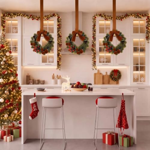 6 Pack Small Christmas Velvet Cabinets Wreaths with Ribbon Bell - Image 4