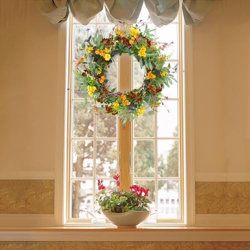 AMF0RESJ Artificial Spring Summer Wreath for Front Door Yellow Daisy Wreath with Olive Leaf,Eucalyptus Leaves for Front Door Indoor Outdoor Wall Porch Farmhouse Home Decor - Image 7