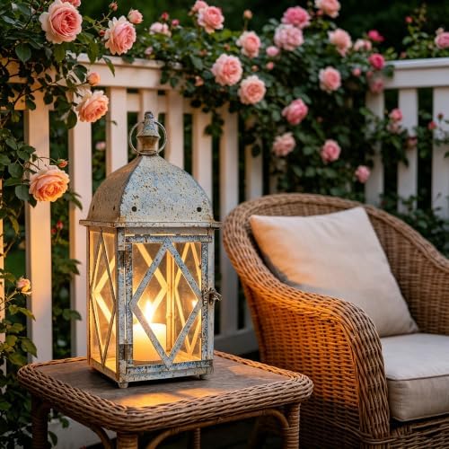 Vintage Metal Candle Lantern with Glass 17in Distressed Blue Rustic Large Farmhouse Hanging Candle Holder Lanterns for Indoor & Outdoor Front Porch Table Centerpiece Decor (Blue) by Unknown