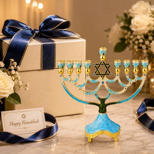 Matashi Hand Painted Enamel Menorah Candelabra w/Star of David Design - Image 5