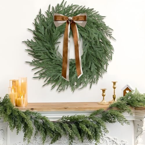 Christmas Decorations -24 Inch Christmas Wreath, Norfolk Pine Wreath, Christmas Wreaths for Front Door, Christmas Door Wreath with Bow Ribbon for Home Table Wall Window Indoor Outdoor - Image 4