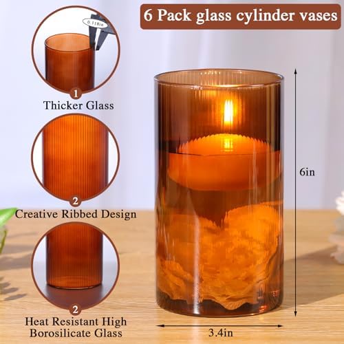 Amber Glass Cylinder Vases for Centerpieces - 6 Inch Tall Flower Vases for Wedding & Fall Decor, Floating Candle Holders for Table Centerpieces, Set of 6 Pcs - Image 5
