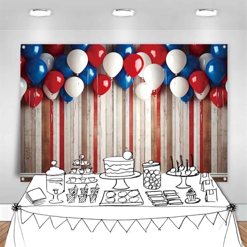 4th of July Patriotic Banner Backdrop 8x6ft Red White Blue Balloons Rustic Wooden Wall Photography Background Independence Day Memorial Day Veteran Birthday Party Decorations - Image 5
