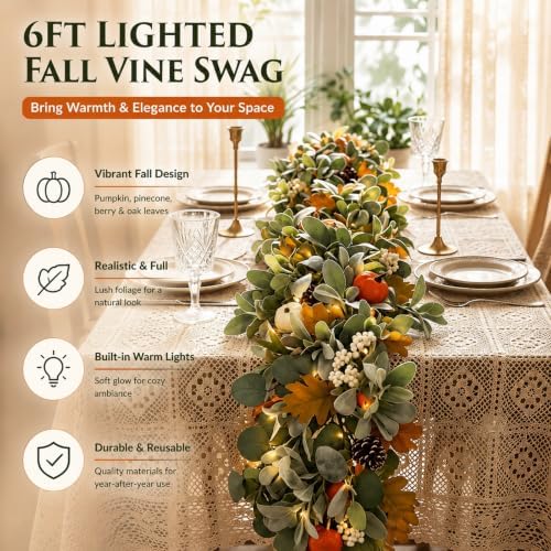 6FT Fall Garland with Lights for Autumn Mantel Decor - Image 4