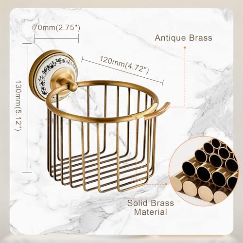 Vintage Wall-Mounted Toilet Paper Holder with Wire Basket Design, Antique Brass, Wall-Mounted Bath Hand Towel Holder with Ceramic Inlay, Vintage Style. - Image 6