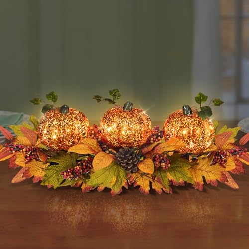 BAYN Fall Table Centerpiece with 3 Harvest Pumpkins, Lighted with Timer for Thanksgiving Table Decorations Centerpieces, Autumn Home Decor Battery Operated, 28 Inches by BAYN