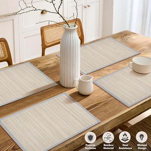 Hausattire Bamboo Placemats for Dining Table Set of 10 Washable 13x19 Rectangle Place Mats Sushi Mats for Kitchen Table Outdoor Parties Easter Farmhouse Decoration - Grey - Image 3