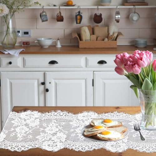 cobee 20 Pcs White Lace Table Runners, 14 x 120 Inch Rustic Embroidered Boho Table Runner Vintage Floral Wedding Decoration for Bridal Shower Vintage Party Decor - Image 6