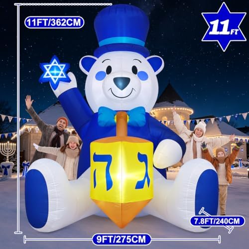 11FT Hanukkah Inflatable Polar Bear Outdoor Decoration with LED Lights - Image 2