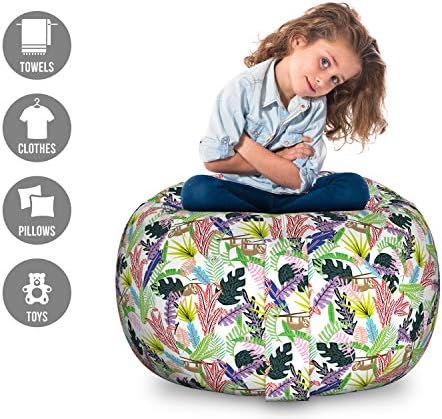 Ambesonne Funny Sloth Storage Toy Bag Chair, Repetitive Monstera and Tropical Leaves with Lazy Animal Hanging on Branches, Stuffed Animal Organizer Washable Bag, Large Size, Green White - Image 2